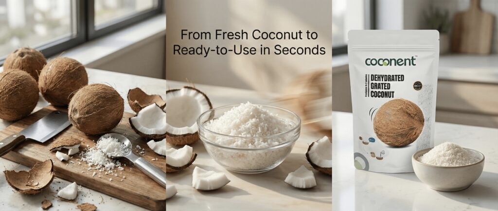 Comparison of fresh coconut preparation with Coconent dehydrated grated coconut showing whole coconuts, grated coconut process, and ready-to-use dehydrated coconut pack on a modern kitchen countertop
